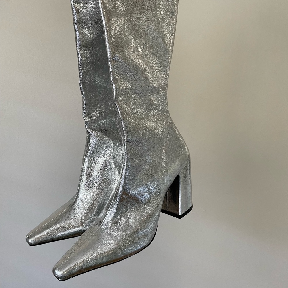 Steve Madden Silver Zelda Pointed Toe Block Heel Under the Knee Boots - Picture 4 of 16